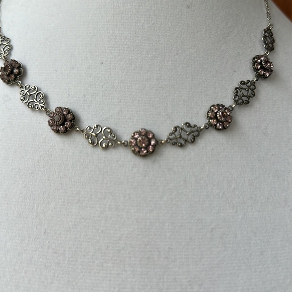 Vintage Liz Paiacios of SF Silver and Pink Crystal Floral Necklace - Picture 2 of 5
